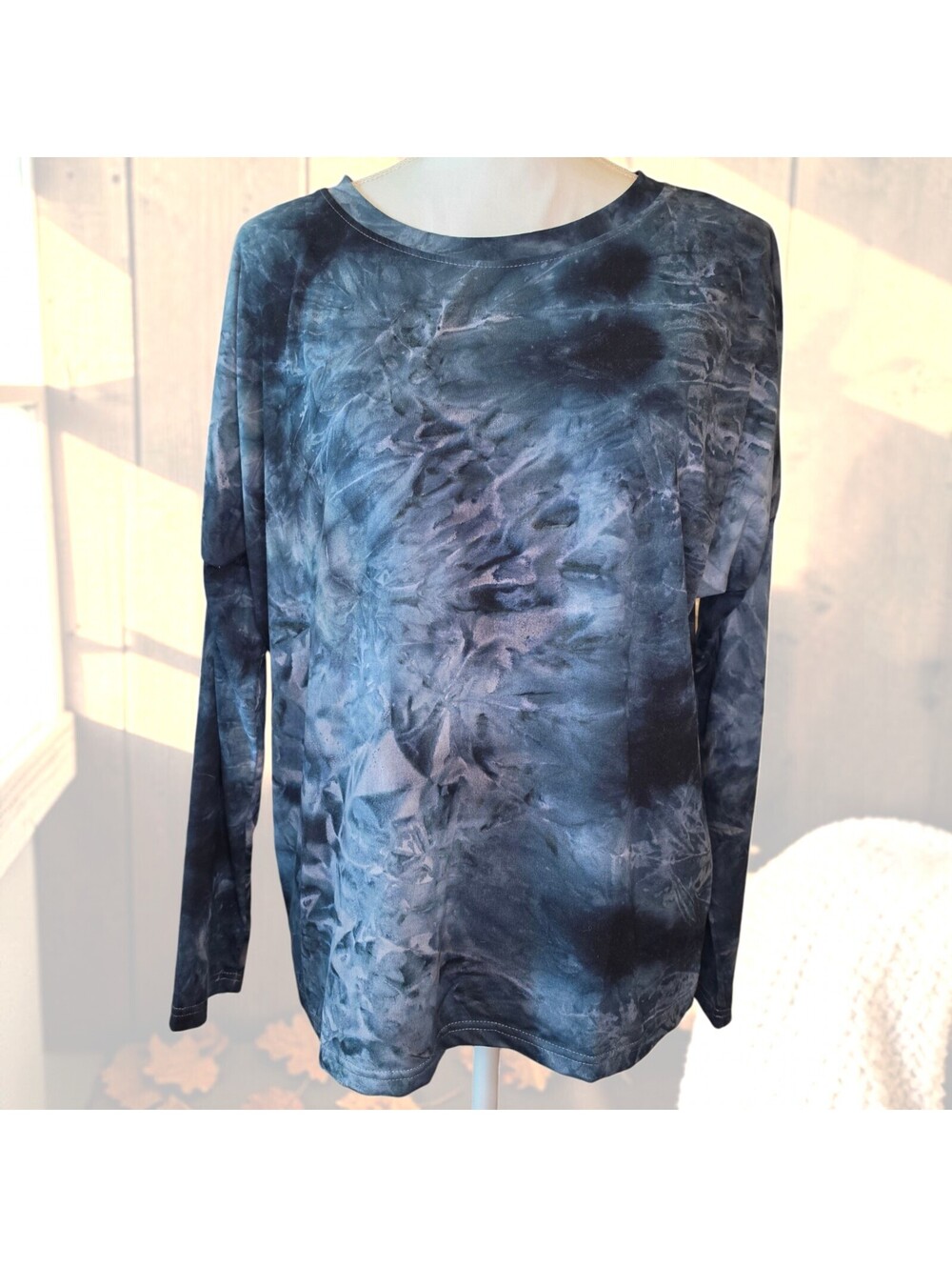 PrettyGarden M Womens Navy Blue Tie Dye Long Sleeve Ruched Oversized Top Grunge